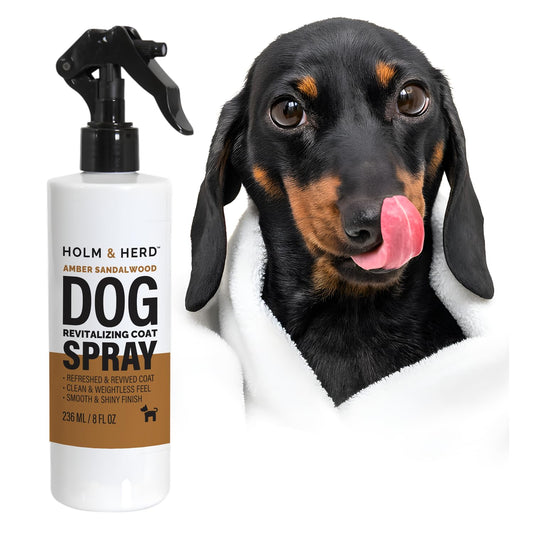 Holm & Herd Dog Deodorizing Spray – Long-Lasting Dog Coat Perfume, Leave-In Conditioner for Soft, Shiny Fur – Pet Cologne for Dogs - Amber Sandalwood 8oz