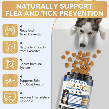 Flea and Tick Prevention Support Drop for Dogs & Cats + 200 Chews for Dogs | Pets Oral Natural Supplement Flea and Tick Treatment for All Breeds and Ages