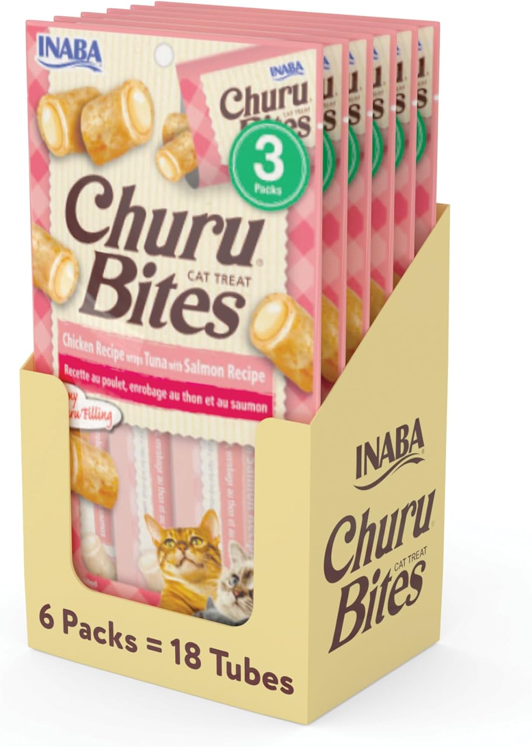 INABA Churu Bites for Cats, Soft/Chewy Baked Chicken Wrapped Churu Filled Cat Treats with Vitamin E, 0.35 Ounces per Tube, 18 Tubes Total (3 Tubes per Pack), Tuna with Salmon Recipe