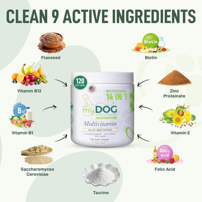 14 in 1- Multivitamin for Dogs 120 Chews - Daily Support for Active & Aging Dogs Vitamin A, D3, E, C, and B-Complex for Joint, Skin, Coat, Immune - Dog Multivitamins, Bacon Flavor