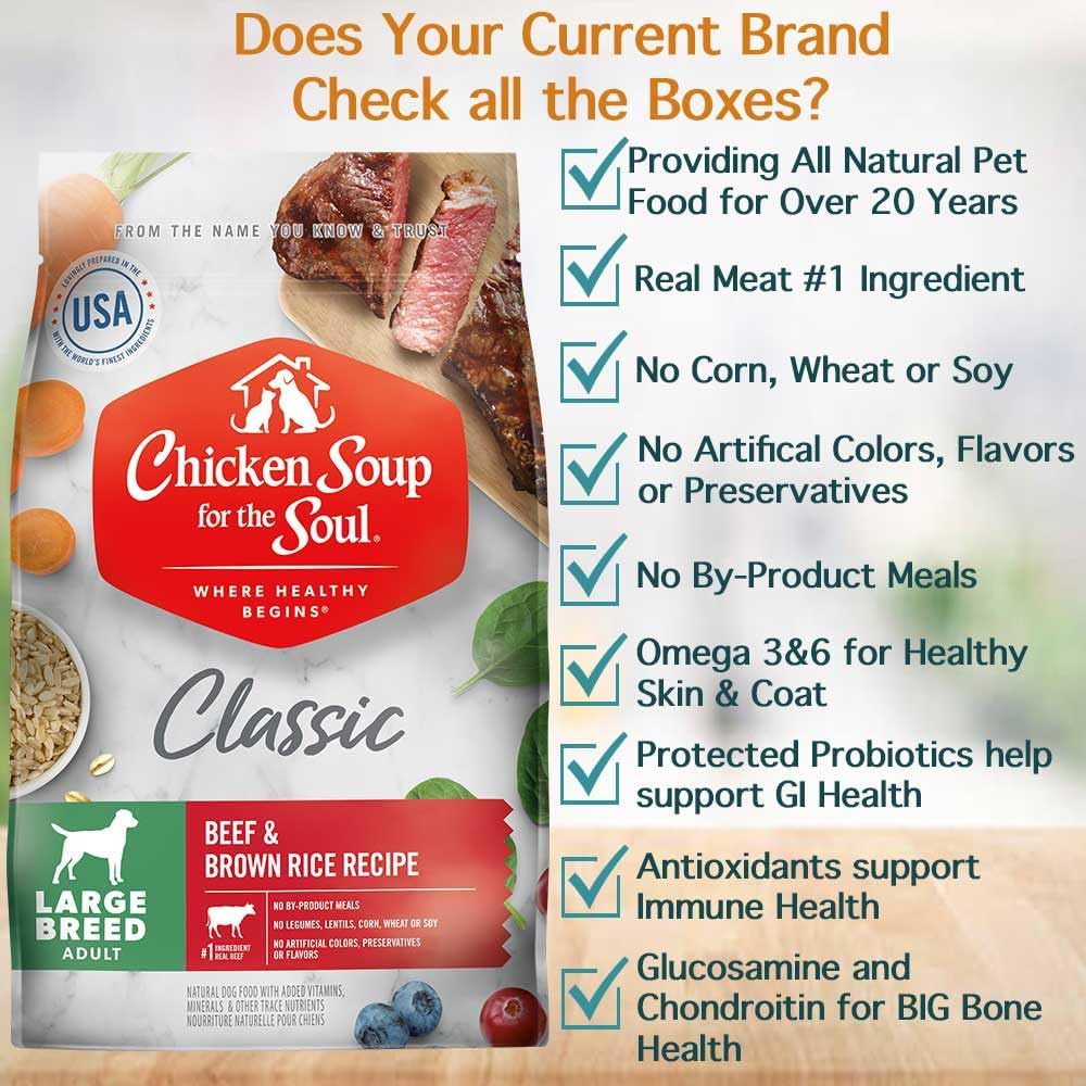 Chicken Soup for The Soul All Natural Premium Large Breed Adult Dry Dog Food, Real Meat First Ingredient, No by-Products, Supports Heart, Gut & Immune Health, Beef & Brown Rice, 28lb