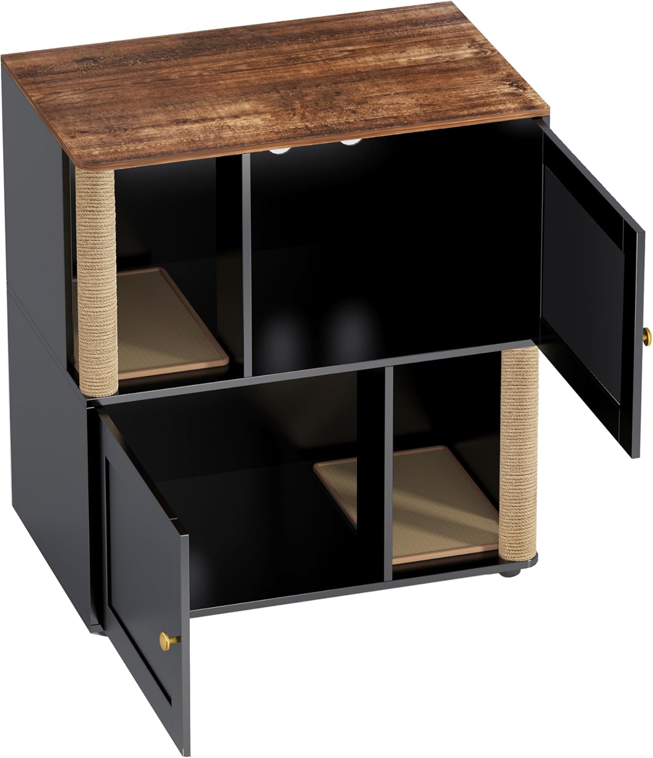 GAOMON 2 Tiered Cat Litter Box Enclosure for 2 Boxes, 31.5'' Double Litterbox Enclosure Furniture with Scratch Posts and Double-Layer Litter Mats, Wood Cat Washroom 2 Doors Black