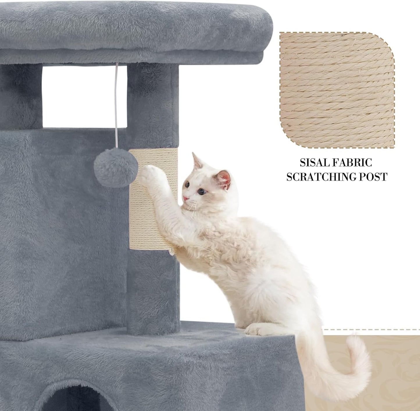 Athena Collection Small Cat Tree, Modern 34 Inch Cute Cat Tree Tower with Scratching Post 2 Condo Activity Platform and Playing Ball for Indoor, Light Grey