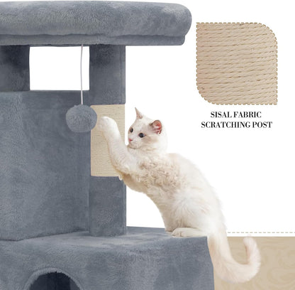 Athena Collection Small Cat Tree, Modern 34 Inch Cute Cat Tree Tower with Scratching Post 2 Condo Activity Platform and Playing Ball for Indoor, Light Grey