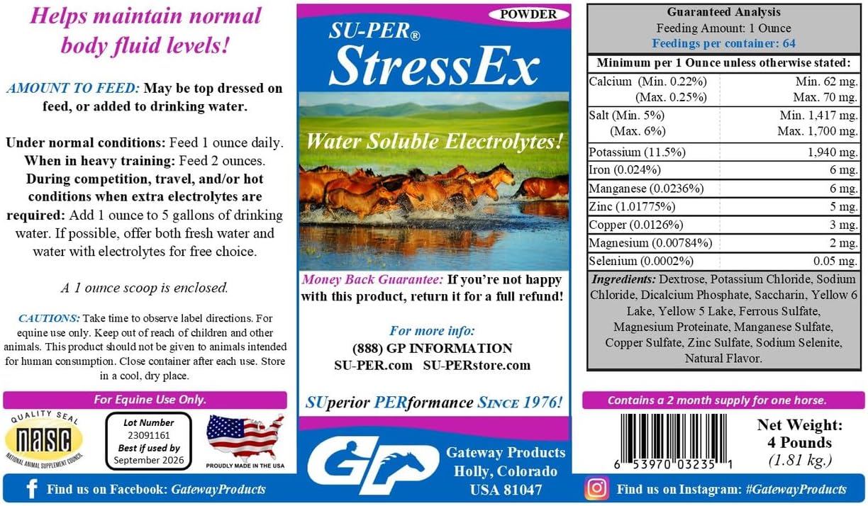 SU-PER Stress-Ex Horse Electrolyte Supplement - Maintain Normal Body Fluid Levels - Electrolytes Replenishment for Hydration - 4 Pound, (2 Pack)