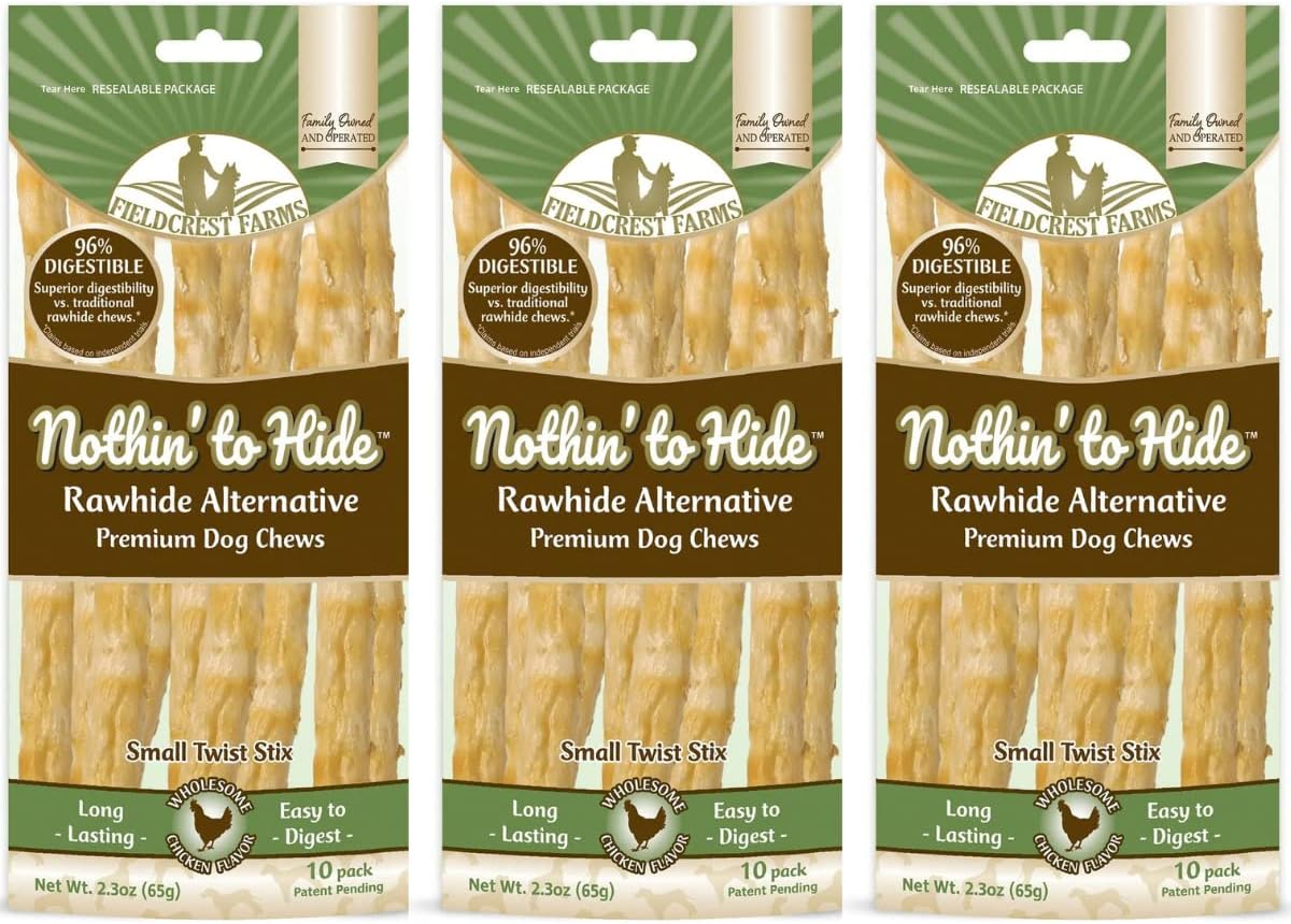 Fieldcrest Farms Nothing to Hide Natural Rawhide Alternative Twist Stix for Dogs - 3 Pack (30 Sticks) Premium Grade Easily Digestible Chews - Great for Dental Health (3 Count (Pack of 1), Chicken)