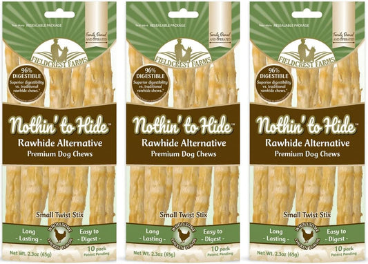 Fieldcrest Farms Nothing to Hide Natural Rawhide Alternative Twist Stix for Dogs - 3 Pack (30 Sticks) Premium Grade Easily Digestible Chews - Great for Dental Health (3 Count (Pack of 1), Chicken)