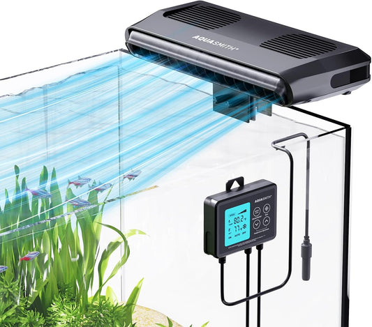 Aquarium Chiller Fan,Fish Tank Cooler with Temperature Control,Minimum Setting 59℉,Auto Start/Stop,Refrigeration Effect 3-7℉,3-Speed Modes,for Axolotl Seawater Freshwater Coral Grass Tank