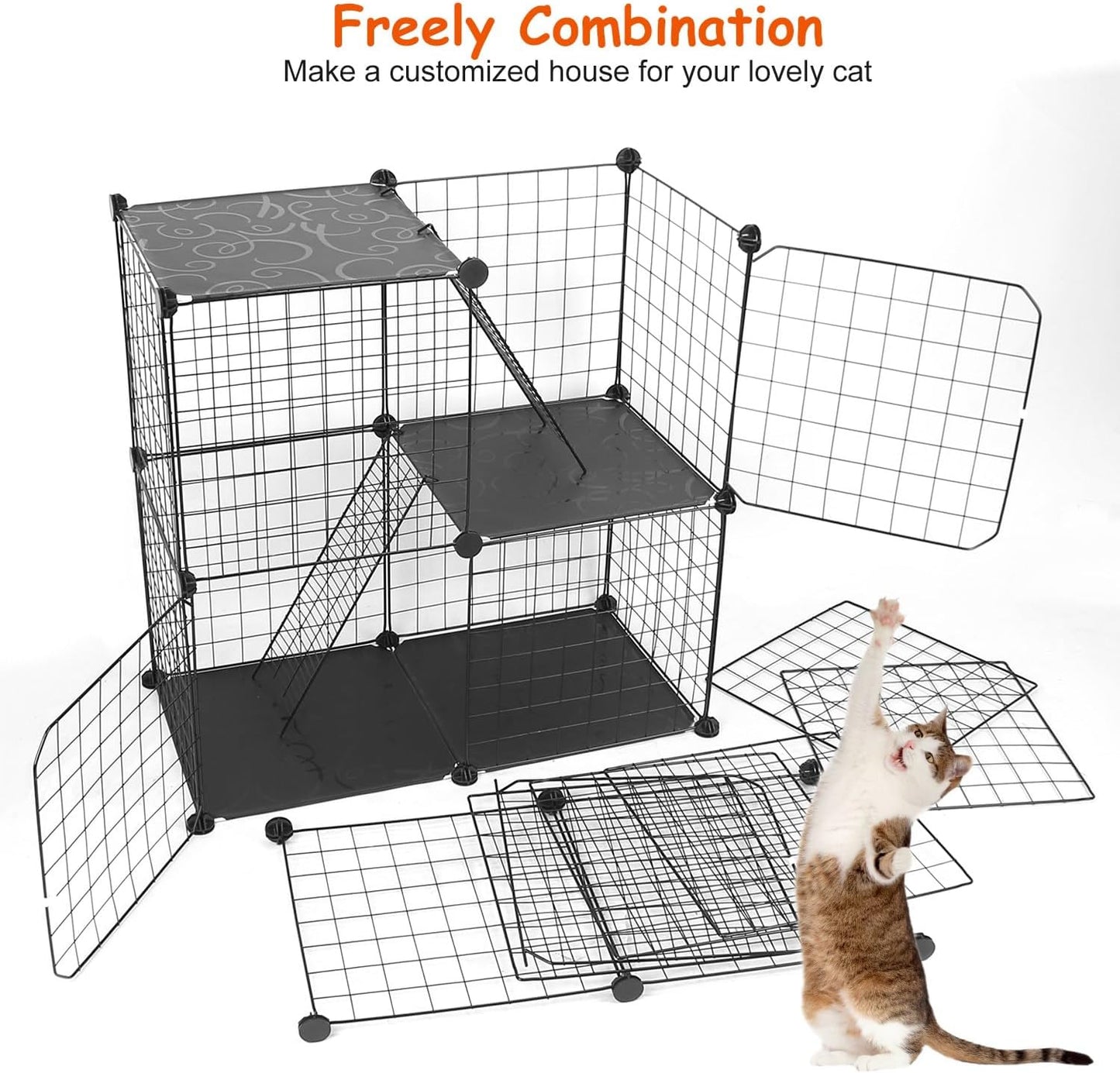 3 Tier Cat Playpen Cage Metal Indoor Cat House Detachable Kitten House with 3 Doors 2 Ladders Large Cat Exercise Place for 1-2 Cats Black