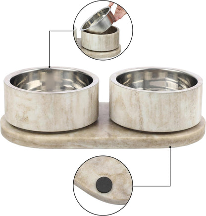 DBL1000E Marbre Small/Medium Modern Weighted Double Marble and Stainless Steel Bowl 12oz (1.5 Cups) Feeder with Non-Slip Marble Tray Set, Gray/Brown