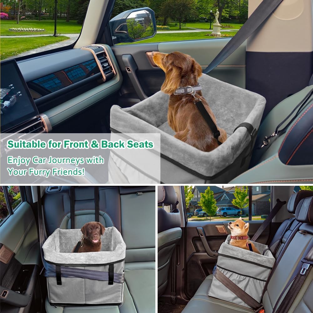 Vivifying Dog Car Seats for Small Dogs, Portable Dog Booster Car Seat with Storage Pockets and Safety Belt, Comfortable Travel Bed for Small Pets Up to 25lbs (Gray)