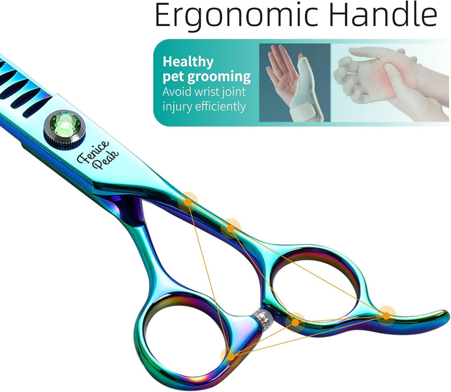 Fenice Peak 7.5'' Green Chunker Dog Grooming Scissors Pet Shears with Ergonomic Offest Handle and Simulated Emerald Screw 440C Grooming Scissors Trimming Shears Durable and Sharp