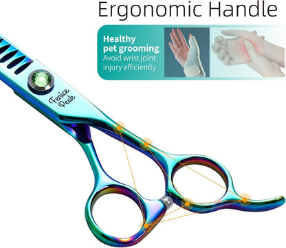 Fenice Peak 7.5'' Green Chunker Dog Grooming Scissors Pet Shears with Ergonomic Offest Handle and Simulated Emerald Screw 440C Grooming Scissors Trimming Shears Durable and Sharp