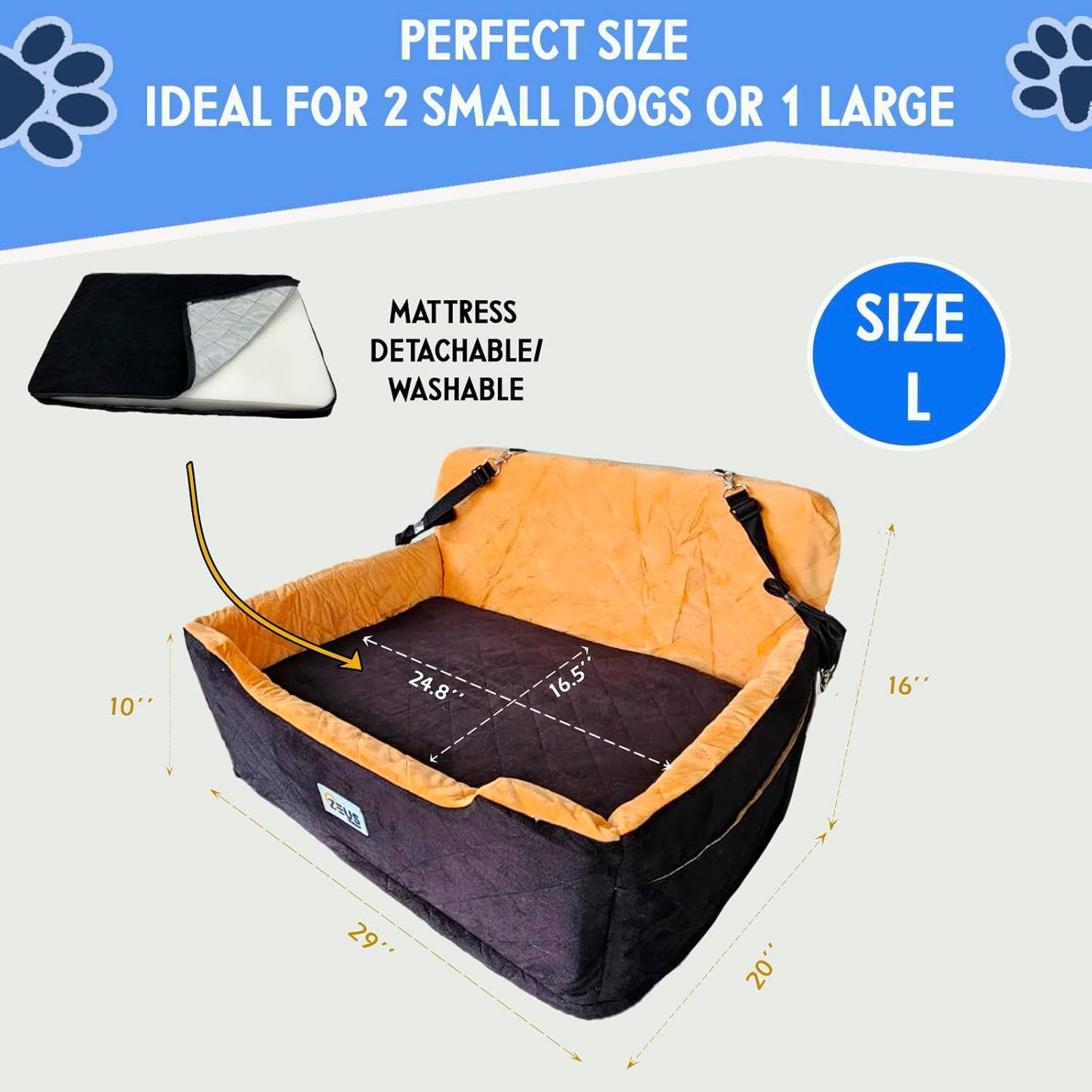 Large Dog Car Seat – Booster Seat Bed for Pets up to 55 lbs, Black, Travel Safety | Fits 2 Small Dogs Pets| Washable Cover & Thick Cushion | Rear Seat or SUV