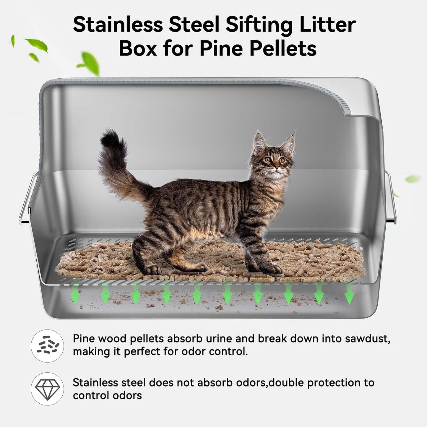 All Stainless Steel Sifting Litter Box for Pine Pellets,Sifting Cat Litter Box with Lid,High Sides Metal Sifter Litter Pan System for Big Cats,Odor Control,Easy to Clean