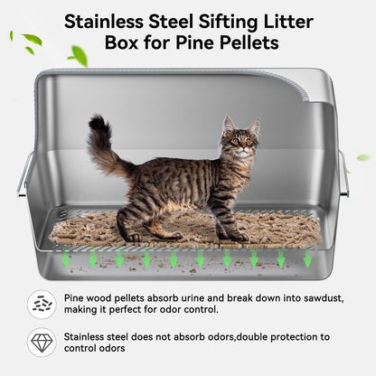 All Stainless Steel Sifting Litter Box for Pine Pellets,Sifting Cat Litter Box with Lid,High Sides Metal Sifter Litter Pan System for Big Cats,Odor Control,Easy to Clean