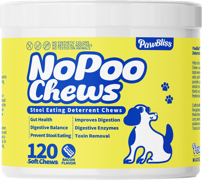 No Poo Chews for Dogs – Stop Stool Eating with Coprophagia Deterrent – Probiotic & Enzyme Soft Chews – Digestive & Breath Support – 120 Bacon-Flavored Chews
