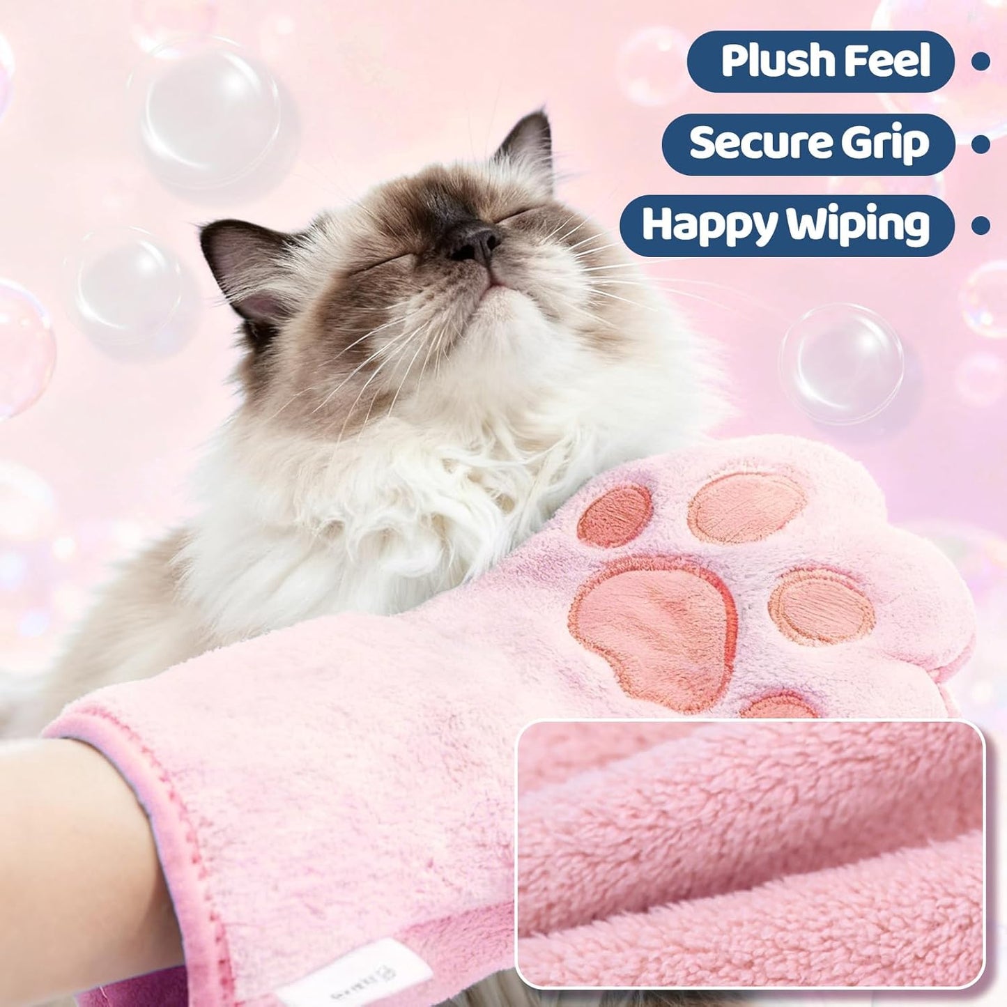 2PCS Concentrated Waterless Shampoo with Pink Grooming Glove, No-Rinse & Lick-Safe Essence for Steam Brushes, Gentle Care for Cats/Kittens/Seniors, Manage Shedding & Freshness