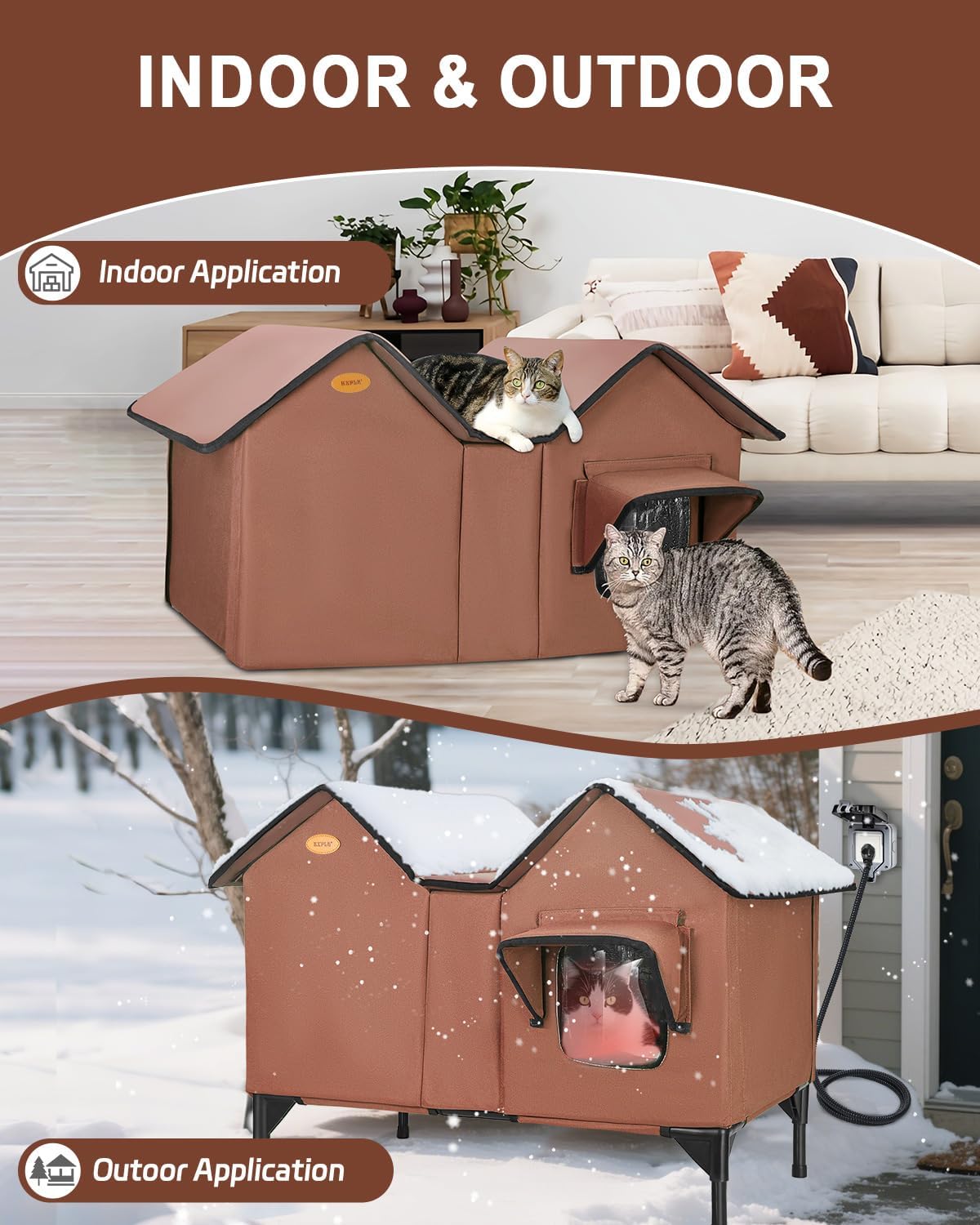 Heated Cat House for Outside Cats in Winter, Extra Large Heated Outdoor Cat House Weatherproof Insulated with Elevated Base & Escape Door, Waterproof Cat Shelter for Multiple Cats Feral Stray Kitty