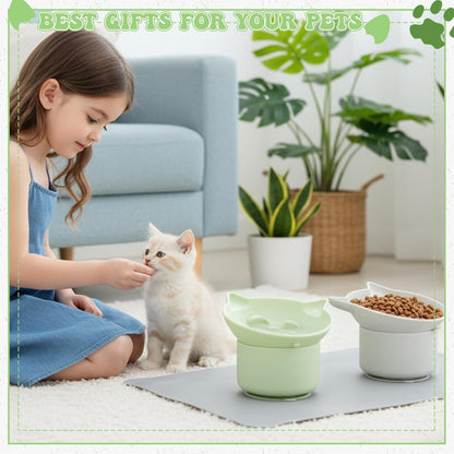 2 Pack Gray, Green Slow Feeder for Cat Bowls, Silicone Tilted Raised Pet Bowl with Non Slip Base for Digestion Anti Vomit