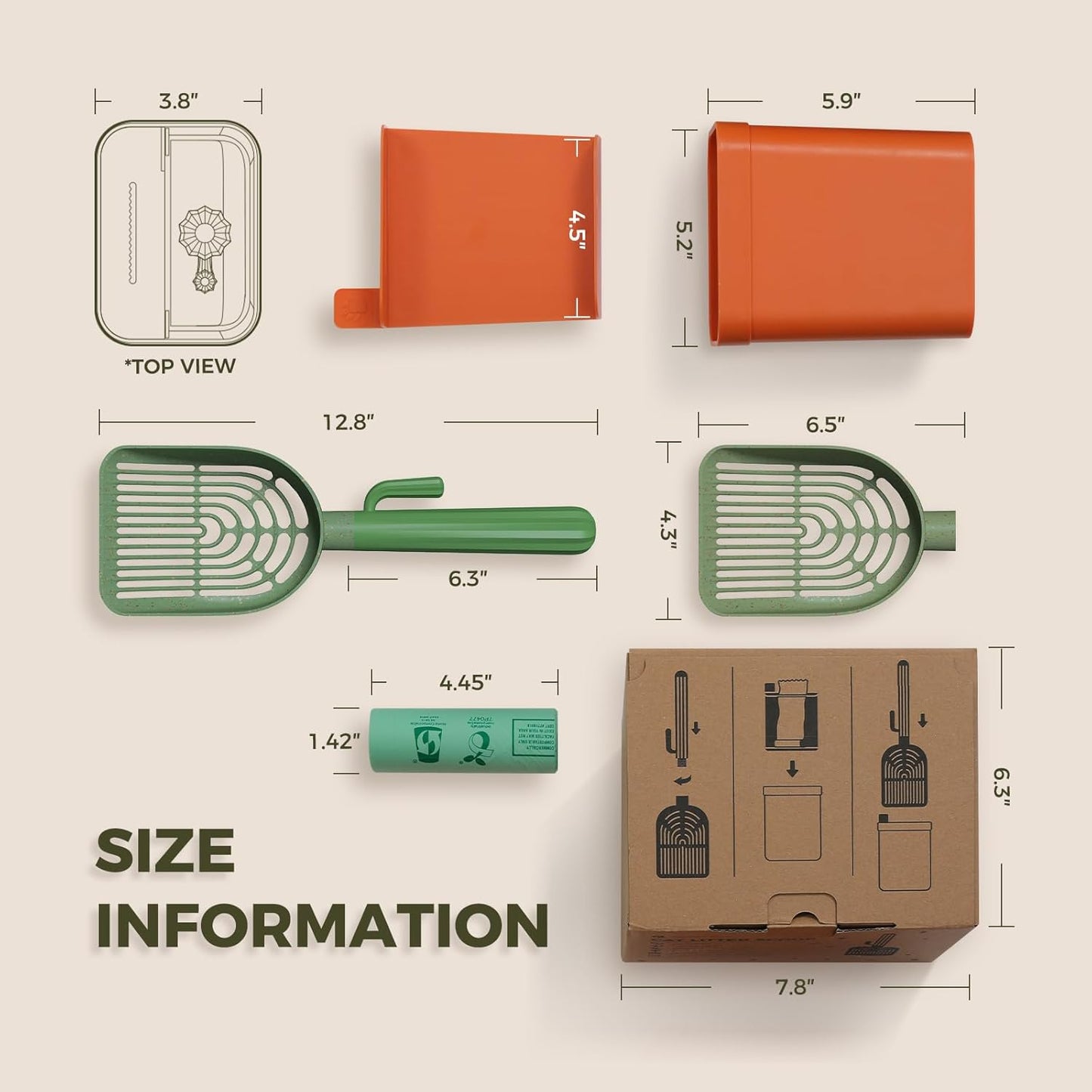 Cactus Cat Litter Scooper with Holder - 2 Replaceable Wheat Straw Plastic Shovels & ABS Handle and Box - Cat Litter Scoop with Bag & Trash Bag Storage - Premium Kitty Litter Scoop Green