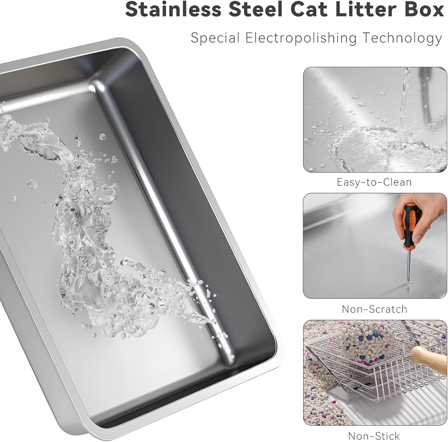 Stainless Steel Litter Box, Foldable Enclosed Cat Litter Box with Lid, Large Top Exit Design with Pull-Out Drawer & Scoop, Easy Clean Odor Control -Light Grey