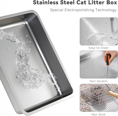 Stainless Steel Litter Box, Foldable Enclosed Cat Litter Box with Lid, Large Top Exit Design with Pull-Out Drawer & Scoop, Easy Clean Odor Control -Light Grey