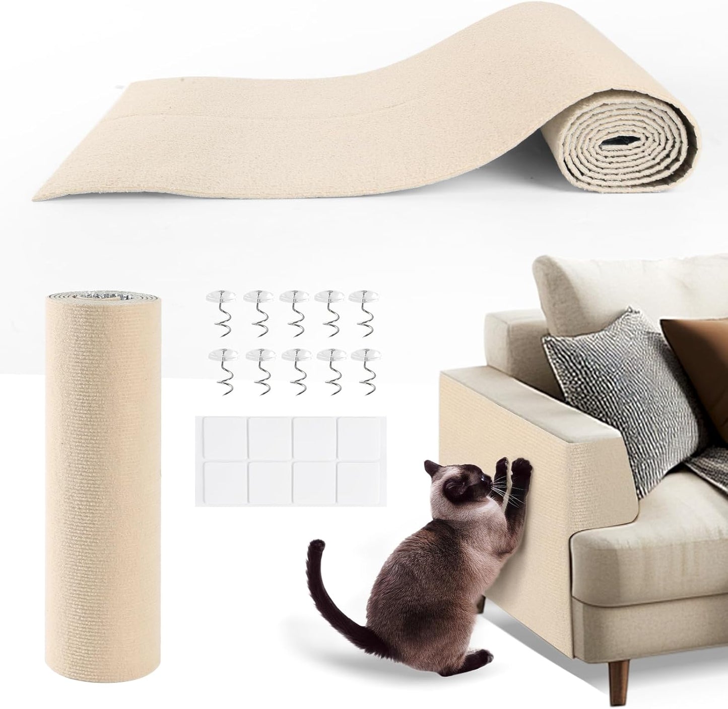 Cat Scratching Post Set: Enhanced Wood-Framed Cat Scratch Post (24in) + Cat Scratch Protector Pads (Beige)