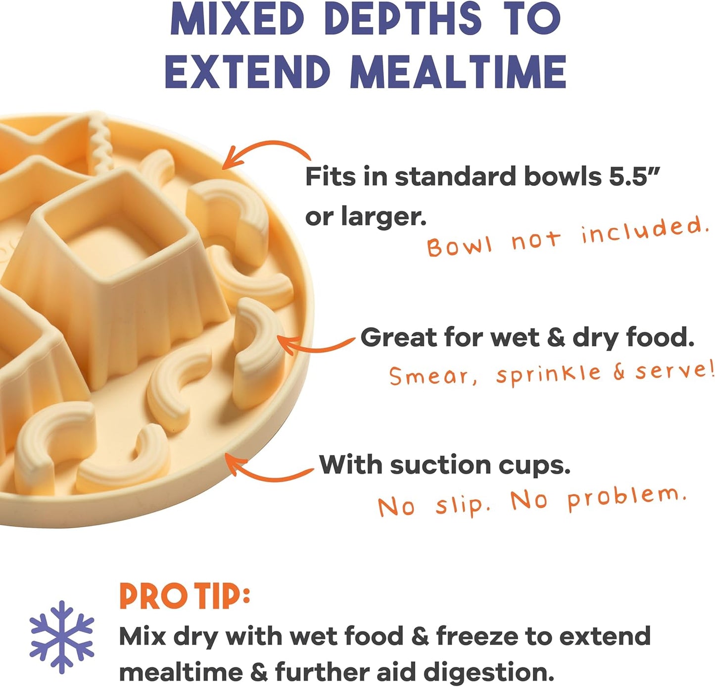 Awoo Snackaroni - Silicone Slow Feeder for Dog Bowls Over 5.5-Inches - Non-Slip, Wet and Dry Food-Compatible Pet Dish with Suction Cups - Extends Mealtime for Fast Eaters - Dishwasher Safe (Yellow)