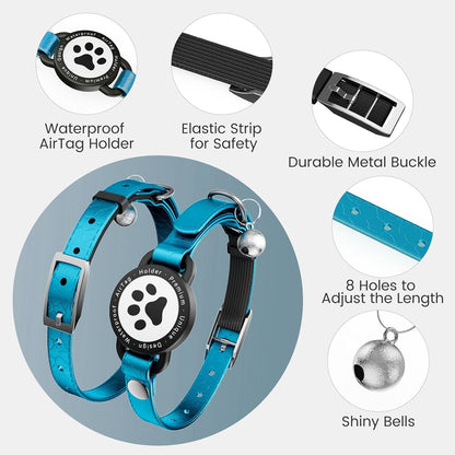 Leather Airtag Cat Collar - Waterproof Cat Collar AirTag Holder with Metal Buckle | Comfortable, Glossy Cats Tracker Collars with Bell for Girl Boy Cats, Kittens, and Puppies (Blue)