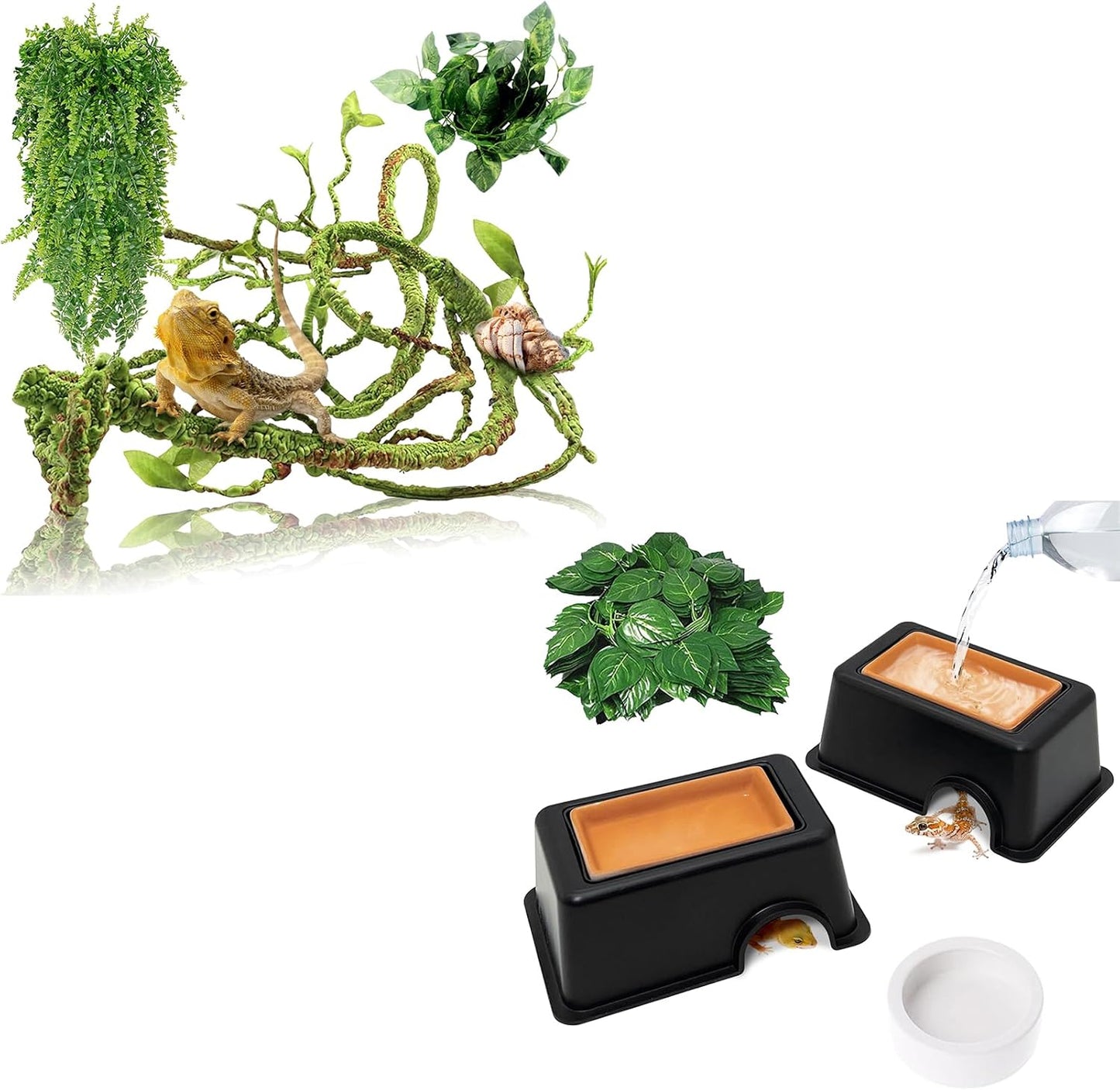 Hamiledyi Reptile Plants Bendable Jungle Climbing Vine Terrarium Branch and 4 Pcs Humid Hide for Leopard Gecko Moist Reptile Hide Box for Bearded Dragon Lizard Gecko Frog Snake