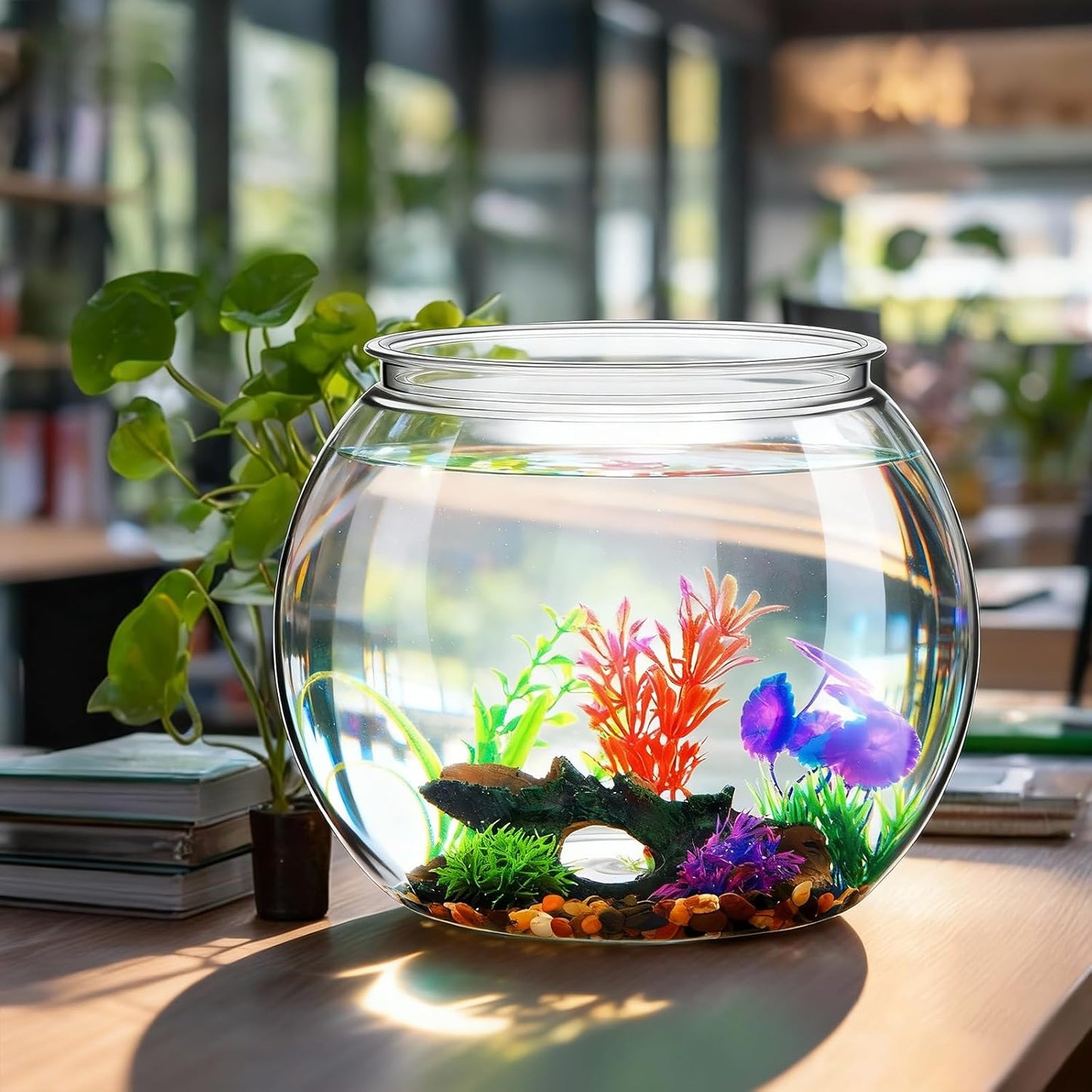 3 Gallon Plastic Betta Fish Bowl with 6 Pcs Artificial Plastic Plants and 500g Decorative Gravel, Betta Fish Tank and Decoration Accessories Small Large Bowl Ornaments Starter Kit