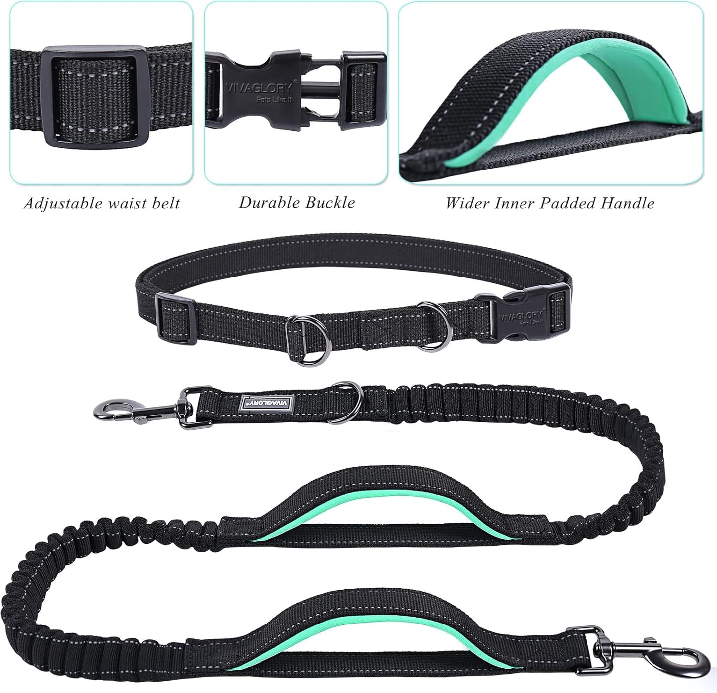 VIVAGLORY Hands Free Dog Leash + Dog Coat, Running Waist Leash with Belt for Running Walking, Warm Fleece Lined Reflective