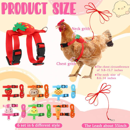 6 Pcs Adjustable Chicken Harness with Leash Cute Pattern Adjustable Walking Rope Outdoor Traction Rope for 2.5–3.6 Lb Chicken Goose Hen Duck Rabbit Small Animals