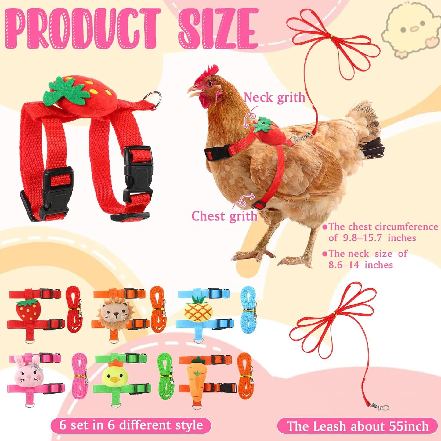 6 Pcs Adjustable Chicken Harness with Leash Cute Pattern Adjustable Walking Rope Outdoor Traction Rope for 2.5–3.6 Lb Chicken Goose Hen Duck Rabbit Small Animals