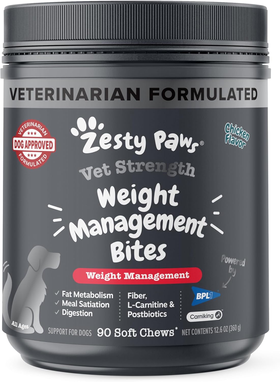 Zesty Paws Weight Management Bites for Dogs - Veterinarian Formulated - Metabolism & Appetite Control - L-Carnitine, Fiber, Postbiotics & B Vitamins - Healthy Weight Dog Supplement - 90 Count