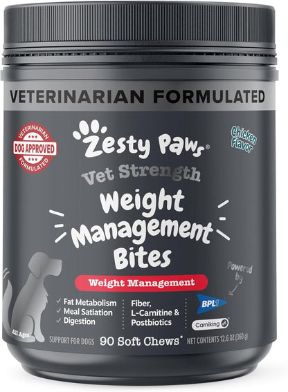 Zesty Paws Weight Management Bites for Dogs - Veterinarian Formulated - Metabolism & Appetite Control - L-Carnitine, Fiber, Postbiotics & B Vitamins - Healthy Weight Dog Supplement - 90 Count