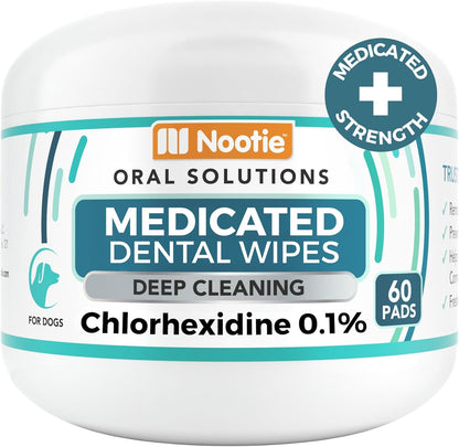 Nootie Medicated Dental Wipes for Dogs, Cleans Teeth and Freshens Breath for Dogs - Prevents Plaque and Tartar Dog Oral Care, 60 Count