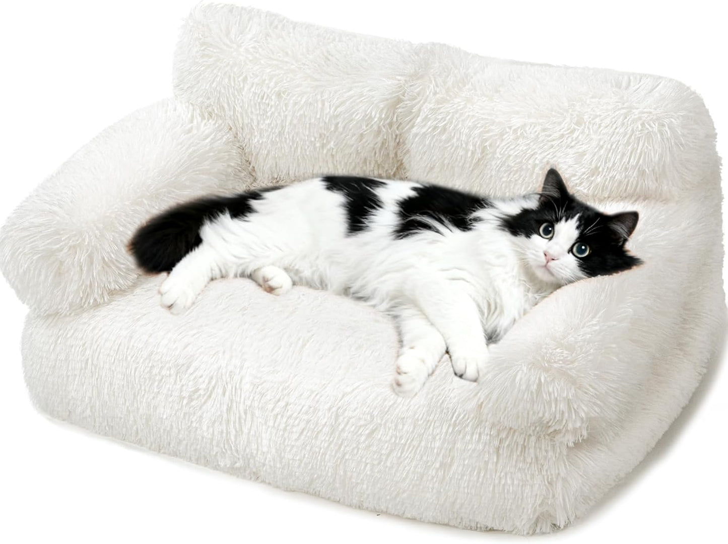 Large Cat Beds for Indoor Cats, Dog Couch Bed, Cute Cat Couch Sofas for Less 20lbs Kitten Puppy, Small Dog Sofas & Chairs with Removable Washable Cover, Soft Warm Pet Furniture, Plush White