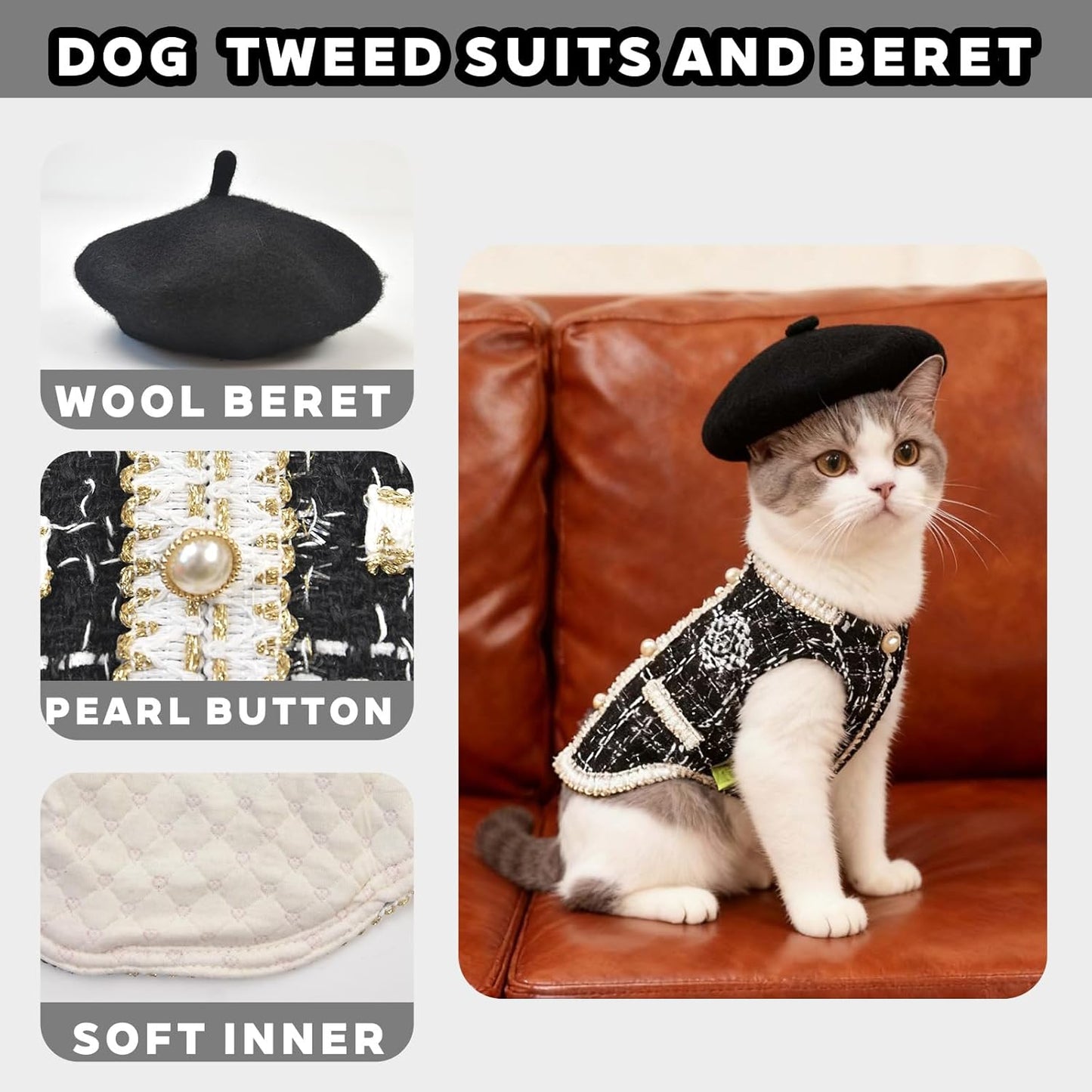 Luxury Dog Clothes Tweed Suits and Beret Hat,Black Winter Warm Pet Coat Vintage Jacket Vest,Cat Artist Costume Cosplay Party Outfits for Small Medium Dogs,XL