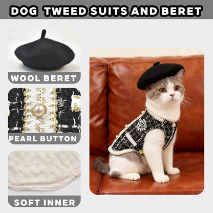Luxury Dog Clothes Tweed Suits and Beret Hat,Black Winter Warm Pet Coat Vintage Jacket Vest,Cat Artist Costume Cosplay Party Outfits for Small Medium Dogs,XL