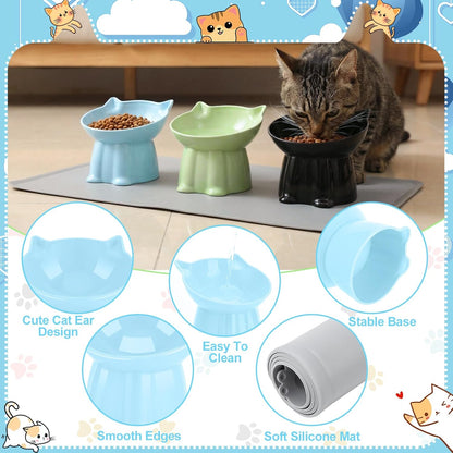 3 Pcs Elevated Cat Bowls 15°Raised Cat Food Bowl with Silicone Mat Whisker Friendly Anti Vomiting Cats Dishes Pet Food and Water Bowls for Indoor Cats Kittens Classic Blue, Black, Green Colors