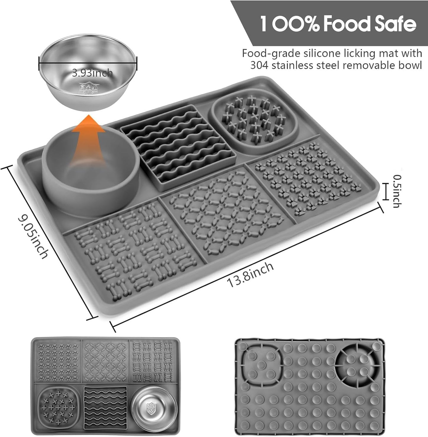 Dog Lick Mat for Small Dogs Cats, 13.8 x 9 Inches Silicone Slow Feeder Dog Licking Mat with Bowls, Peanut Butter Feeding Mat for Anxiety Relief, Reduce Boredom, Improve Eating Habit (Grey)