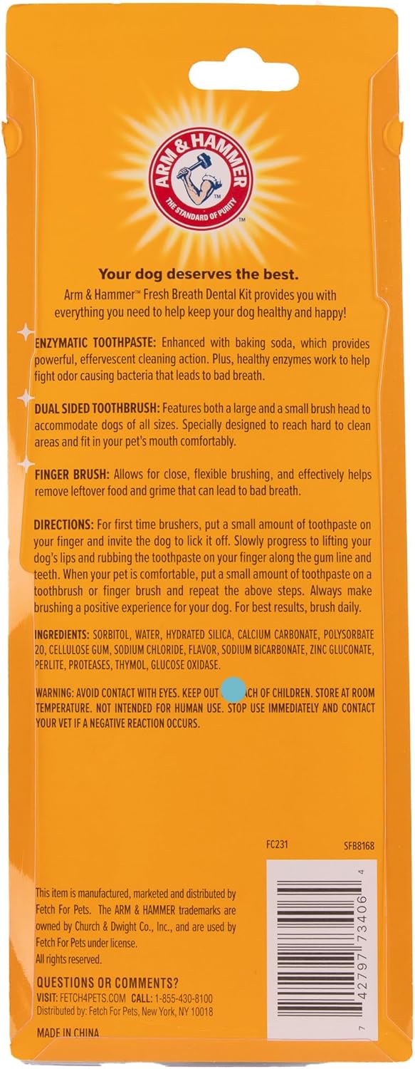 Arm & Hammer for Pets Fresh Breath Enzymatic Dog Dental Care Kit - Includes Dog Toothpaste, Dual Sided Toothbrush and Fingerbrush - Bad Breath Treatment, Chicken Flavor, 2.5 Ounce
