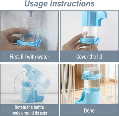 Small Animal Water Bottle No Drip, 8.29 Oz Transparent Auto-Add Food & Water Bottle for Hamster, Small Chicken, Parrot, Quail, Bird Water Dispenser for Wire or Acrylic Cage (Blue)