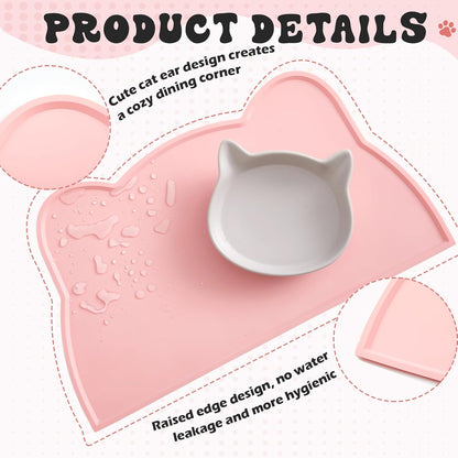 Ceramics Cat Food Bowls and No Spill Silicone Cat Ear Mat 3 Pcs Set Christmas Pet Dining Combo Gift Wide Shallow Cute Pet Dog Feeding Dish Thicker Nonslip Mat with Raised Edge for Small Medium Puppies