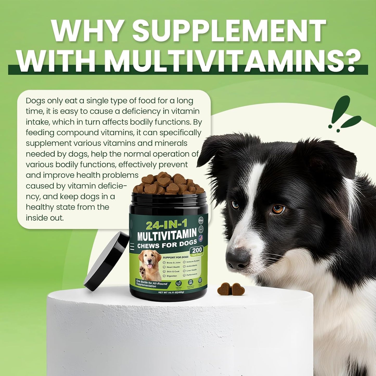 24-in-1 Dog Vitamins and Supplements 200 Ct Multivitamin for Dogs Chewable Contain Glucosamine Chondroitin Probiotics Omega-3 for Skin Coat,Hip & Joint,Heart,Liver,Brain,Eyes - Suitable for All Dogs