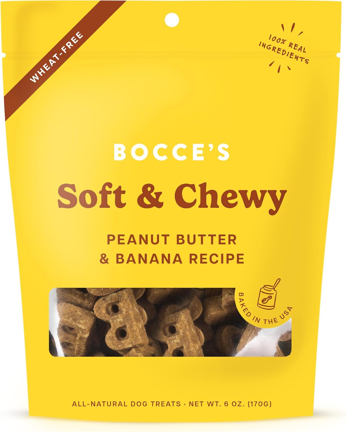 Bocce's Bakery Oven Baked PB & Banana Recipe Treats for Dogs, Wheat-Free Everyday Dog Treats, Real Ingredients, Baked in The USA, All-Natural Soft & Chewy Cookies, Peanut Butter & Banana, 6 oz