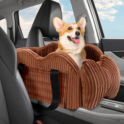 Center Console Dog Car Seat for Small Dogs, Pet Puppy Car Seats with Soft Cushion Safety Belt, Washable Cat Carseats, Pet Bed for Cars, Dog Booster Cars Seats for Dogs Small 5-15 lbs(Brown)