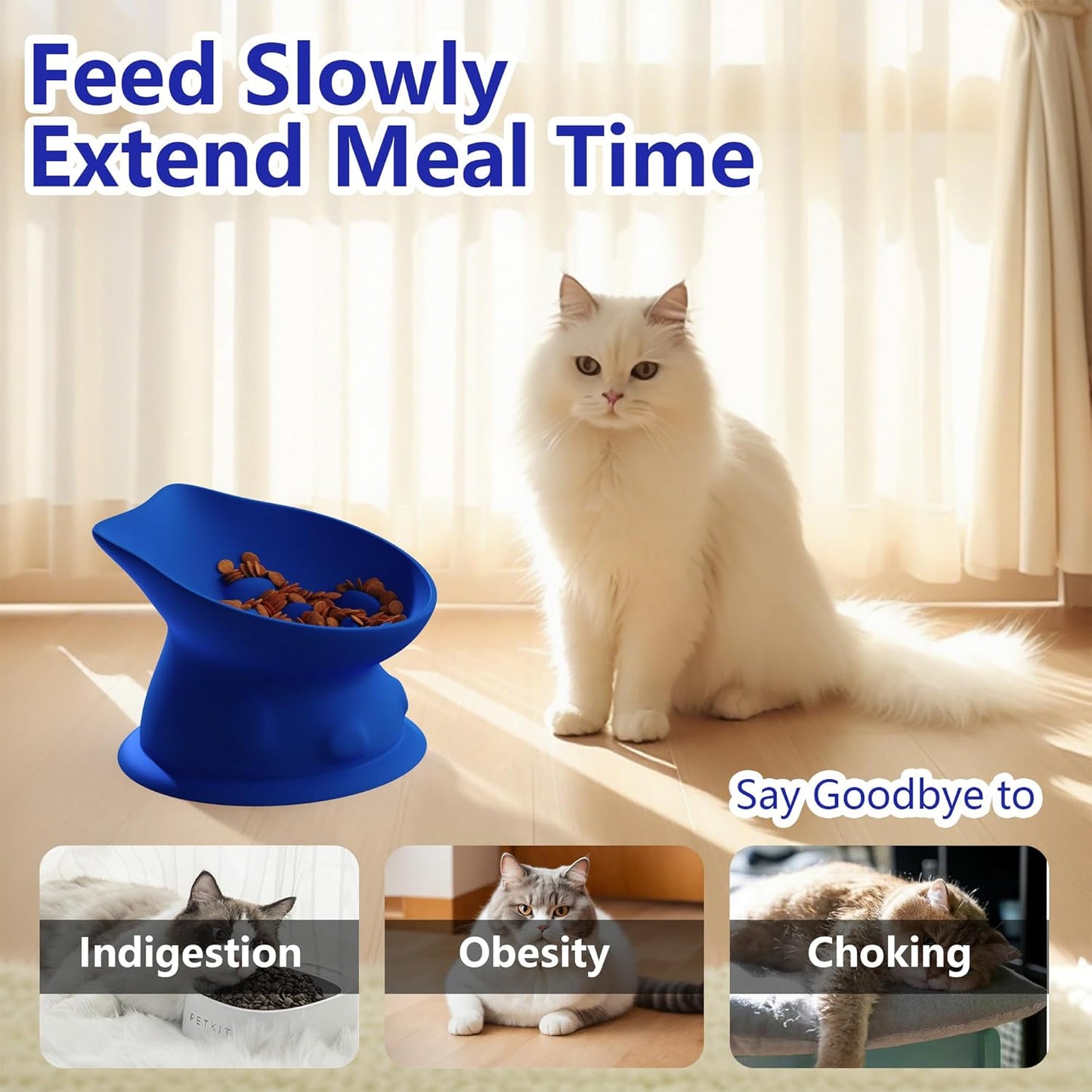 Slow Feed Cat Bowl, Elevated Cat Food Dish with Tilted Design, Dual-Use for Dry and Wet Food, Anti-Vomit, Anti-Choking, Easy to Clean